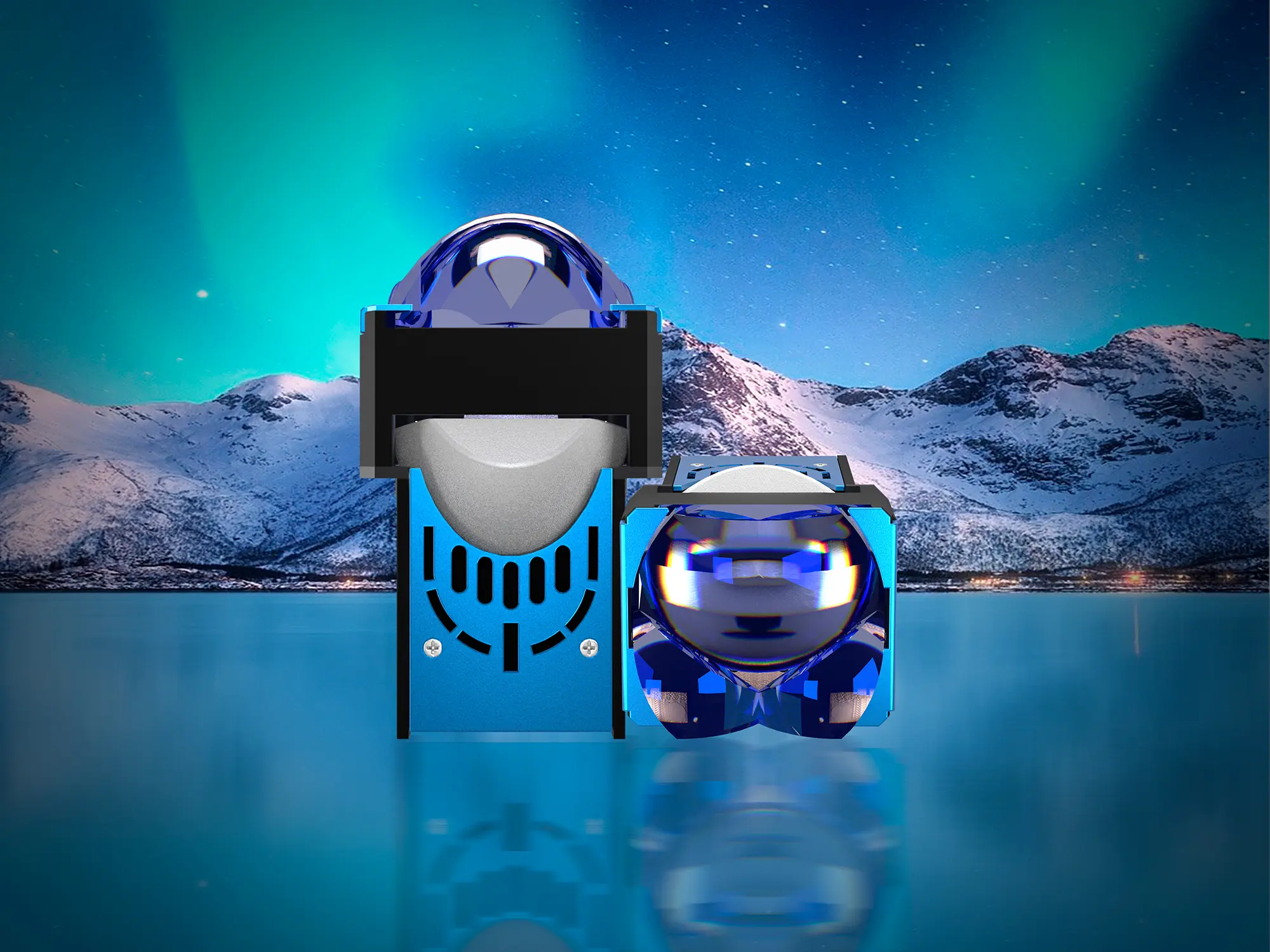 Promotional poster of the Three-Eye LED 1.6 MAX Quad-Beam projector highlighting high-performance automotive lighting