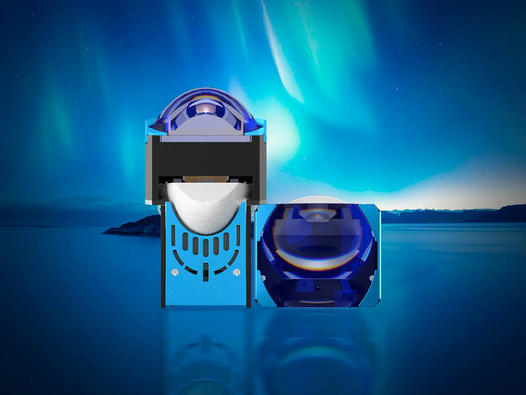 Promotional poster of the Twin-Eye LED 1.6 Pro Tri-Beam projector showcasing advanced automotive lighting performance