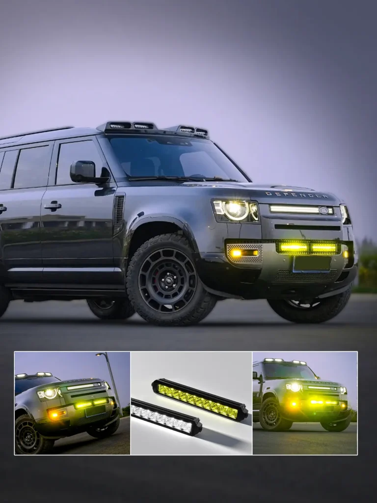 Land Rover Defender equipped with our grille lights showcased in a vertical home page promotional banner