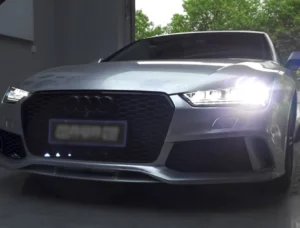 Audi at night with projector headlights, cover image for a headlight upgrade article