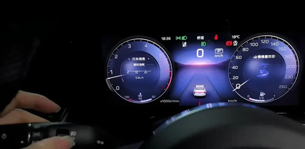 Car dashboard instrument cluster with the rear fog lights warning/indicator symbol illuminated, confirming the rear fog lights function is switched on.