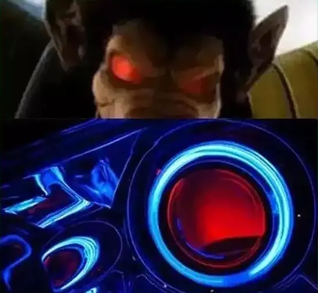 Demon eye projector headlights with a colored projector lens and devil-themed background