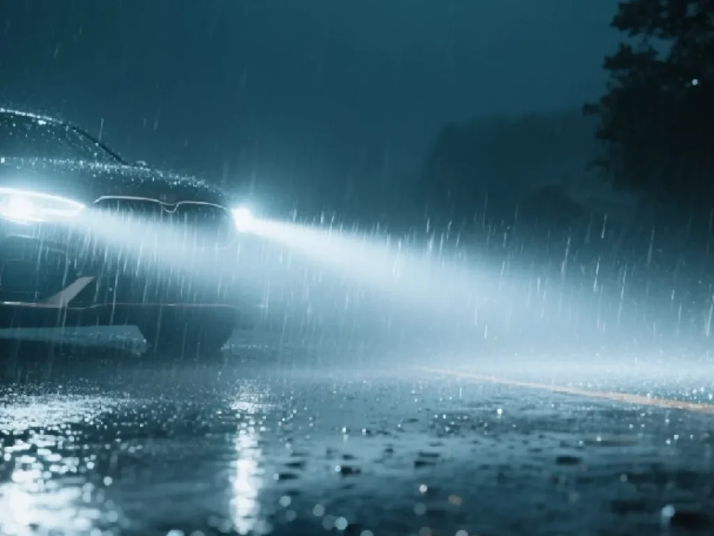 In rain, DRLs can make you look “lit” up front while your rear stays dim. Learn when to use low beams so tail lights are actually on.
