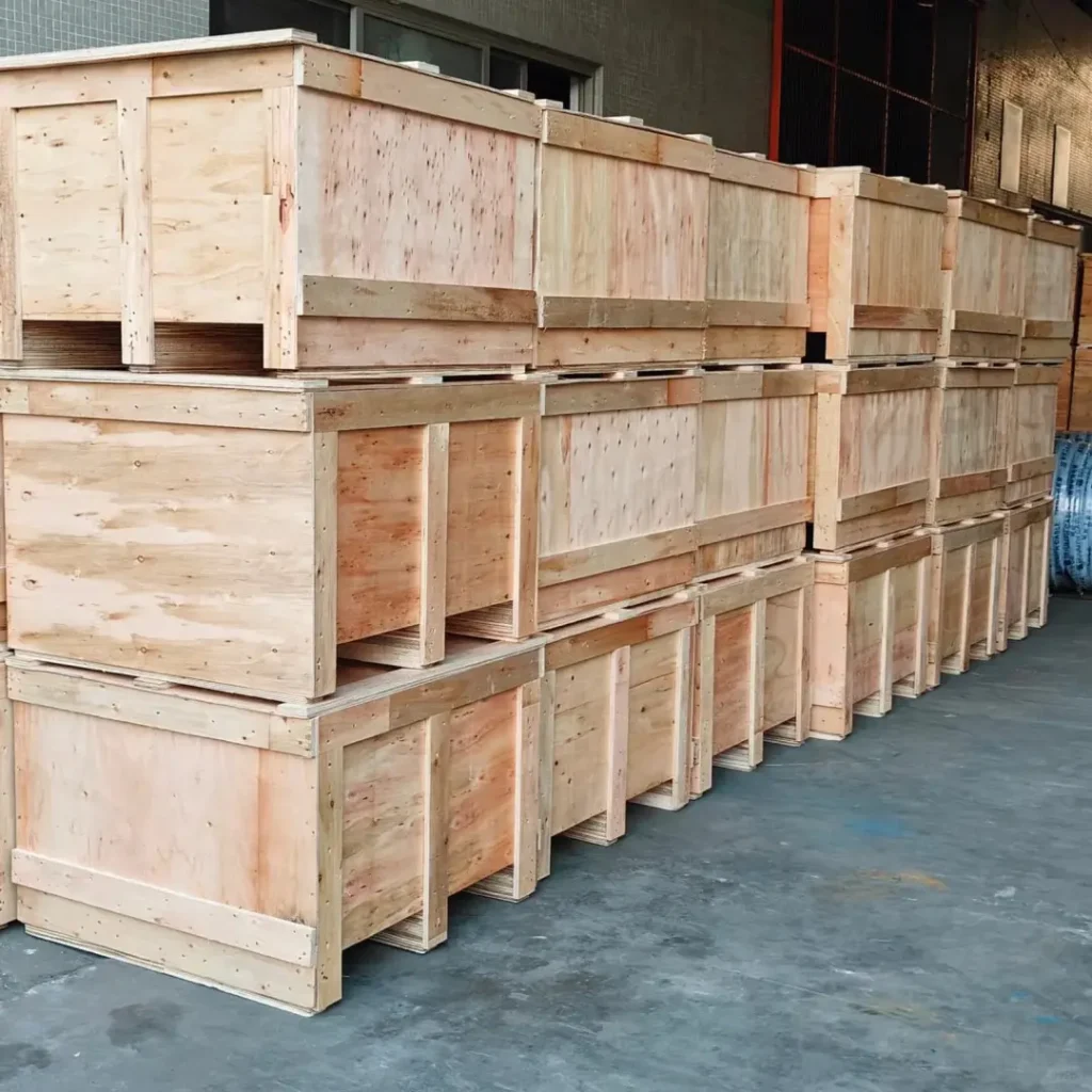 Aftermarket projector headlights packed on wooden racks for shipping
