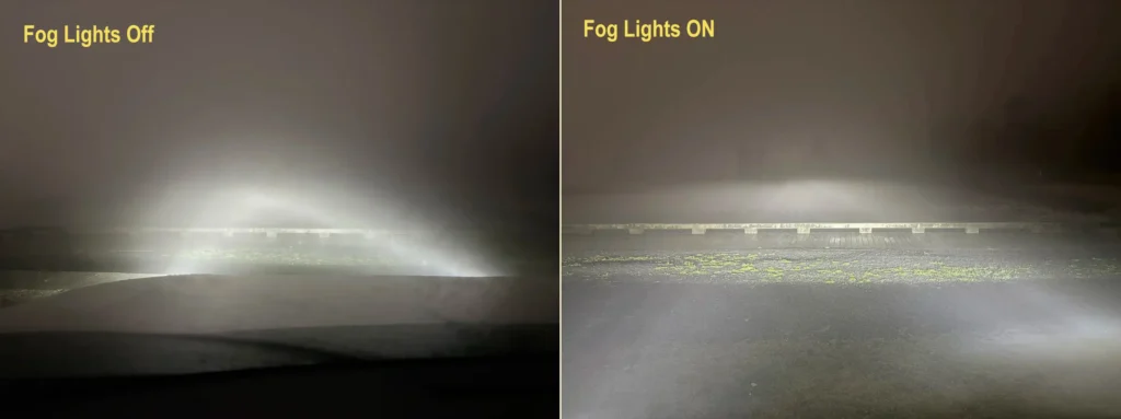 Side-by-side comparison showing road visibility with fog lights on and off, explaining how fog lamps affect contrast, glare, and near-road guidance in low-visibility conditions.
