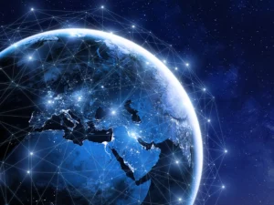 Carte du monde avec des lignes de rayons lumineux représentant les marchés mondiaux et la distribution des phares de projecteurs