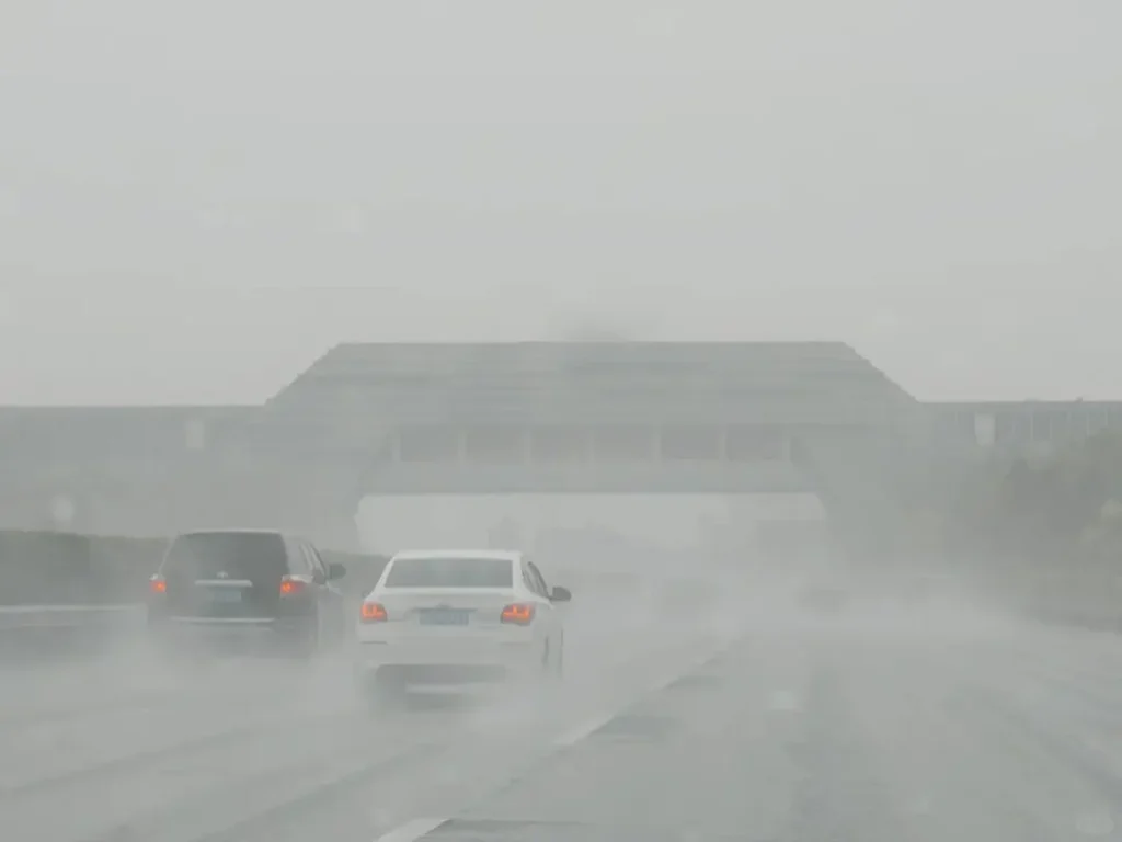 A road in heavy fog with several cars driving without visible front fog lights, illustrating how fog lights can be absent in real-world driving—whether deleted by design or simply not activated—and what it means for LED fog lights for cars.
