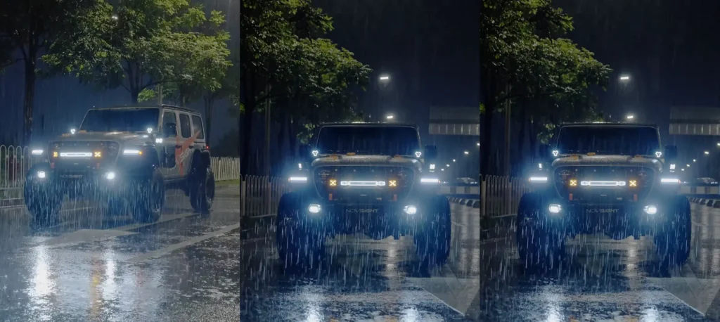 Combined front, close-up, and 45-degree views of a Jeep Wrangler in the rain with our grille lights on, highlighting water-resistant performance and a color-changing lighting effect.