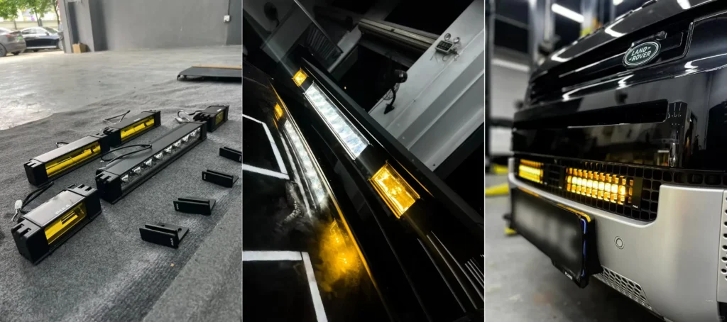 Land Rover Defender with our grille lights installed, showing disassembly steps and the final lighting effect.