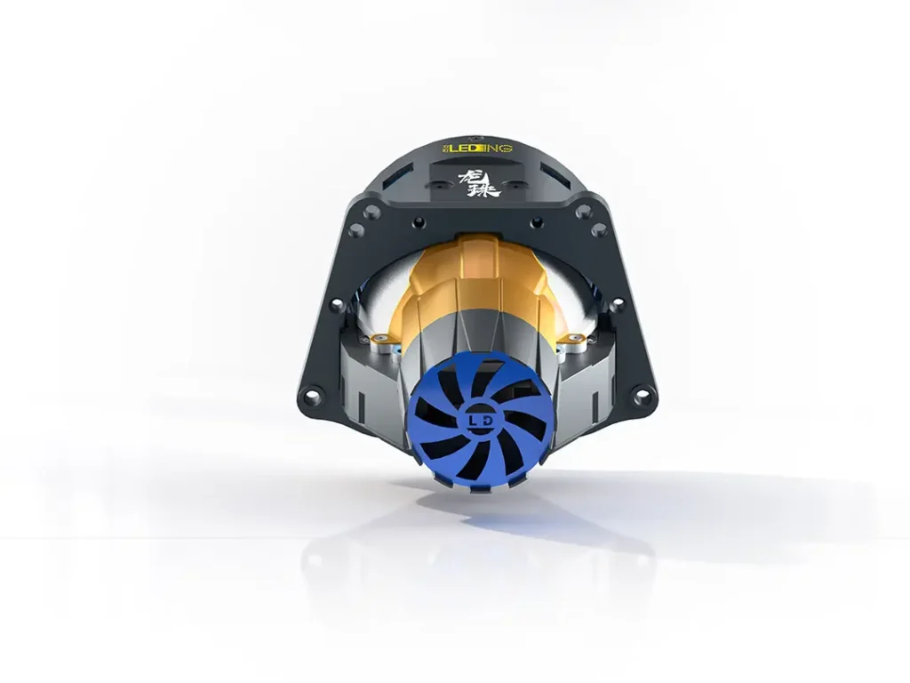 Product render of a laser projector headlight featuring a projector lens and rear heat sink thermal management module.