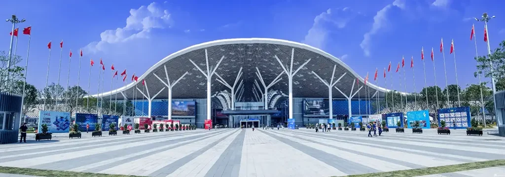 Entrance of the Shenzhen World Exhibition & Convention Center (Bao’an), Shenzhen, China.