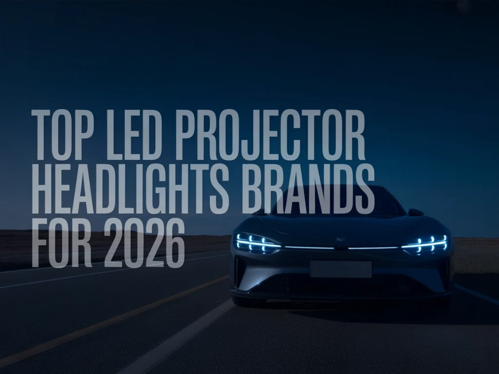 Modern car front view at night with LED projector headlights casting a clean cutoff beam pattern (Top LED Projector Headlight Brands for 2026).