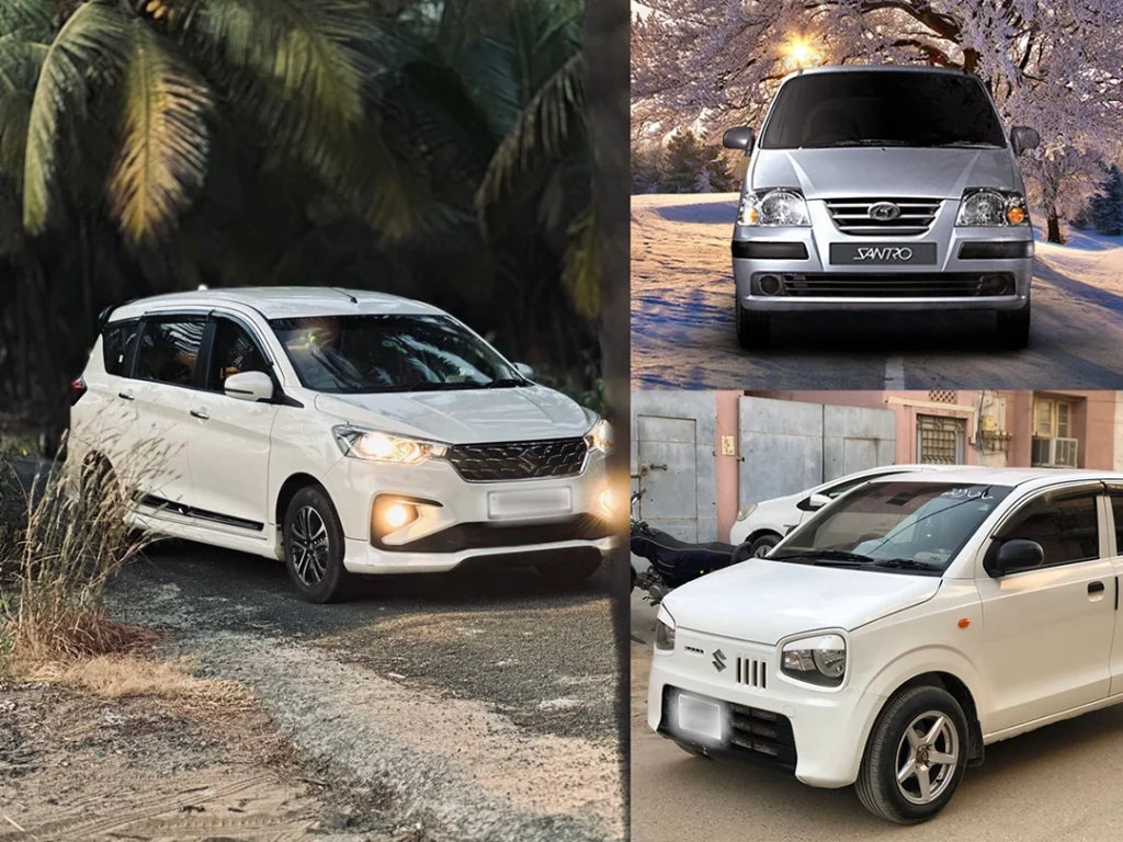 Alto fog light, Ertiga fog light, and Santro Xing fog light front view collage showing fog lamp position and bumper design differences