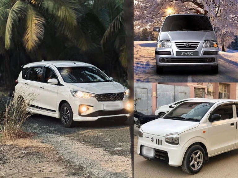 Alto fog light, Ertiga fog light, and Santro Xing fog light front view collage showing fog lamp position and bumper design differences