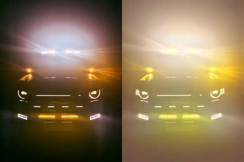 Night comparison of amber and white LED grille lights on a vehicle