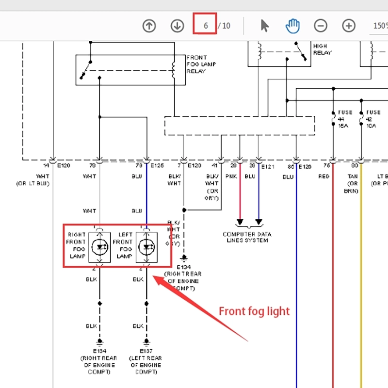 Fog Light Installation Diagram showing battery to fuse, relay control from switch, and ground points for both fog lamps