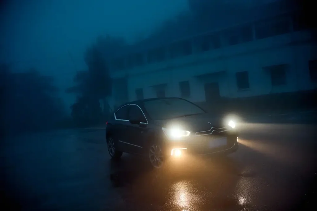 LED Projector Fog Light for Car in dense fog, showing fog lights cutting through better while headlights reflect and create more glare.