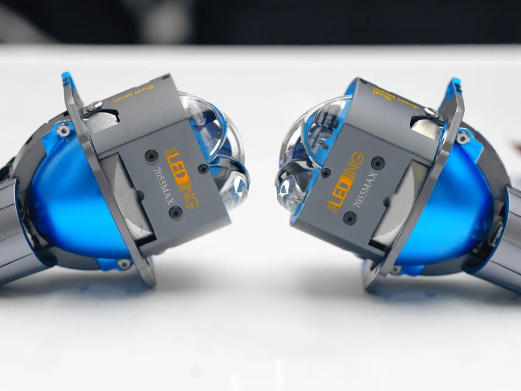 OEM projector headlights side close-up showing the nameplate/marking area with model and function identifiers for compliance and shipping accuracy.