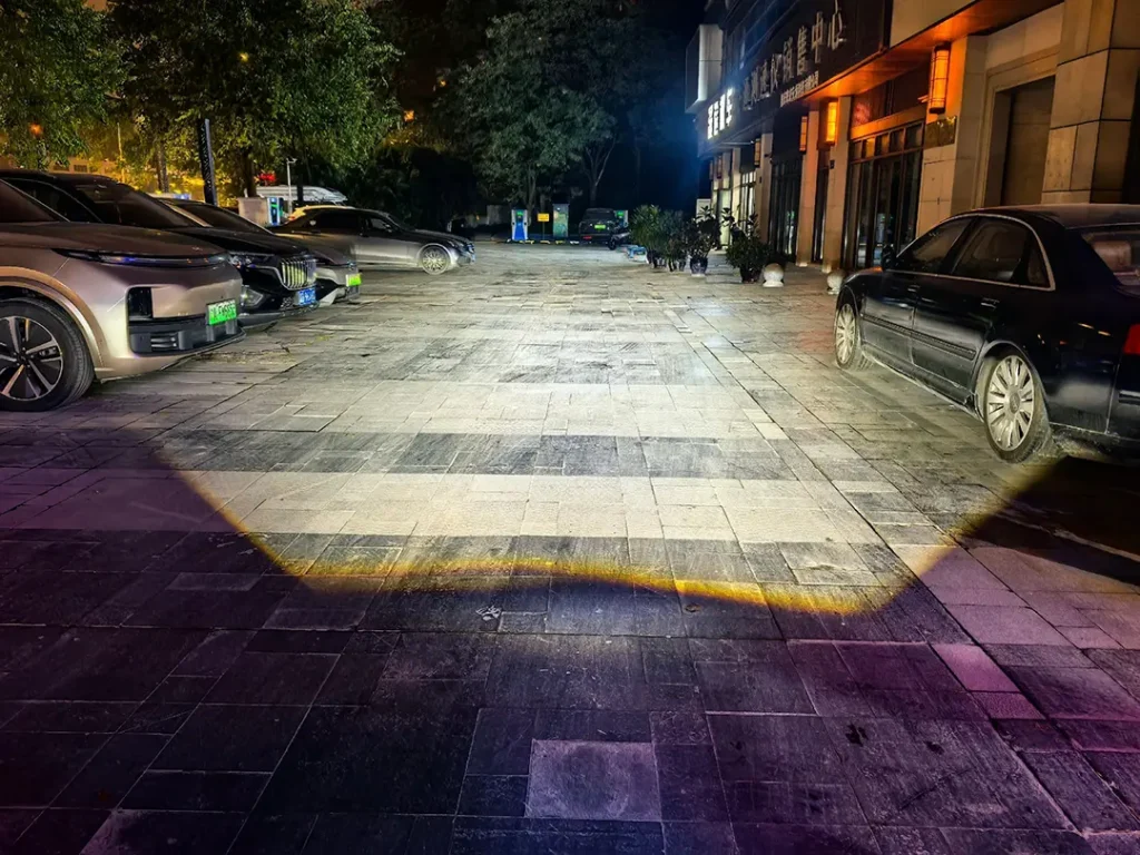 Outdoor beam test after a motorcycle projector headlights upgrade