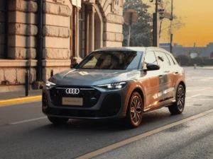 Audi car driving on the road with daytime running lights turned on