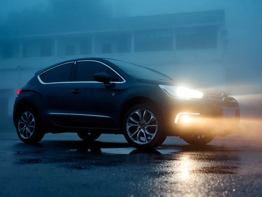Coche que circula con las luces antiniebla y los faros encendidos en medio de una densa niebla vespertina