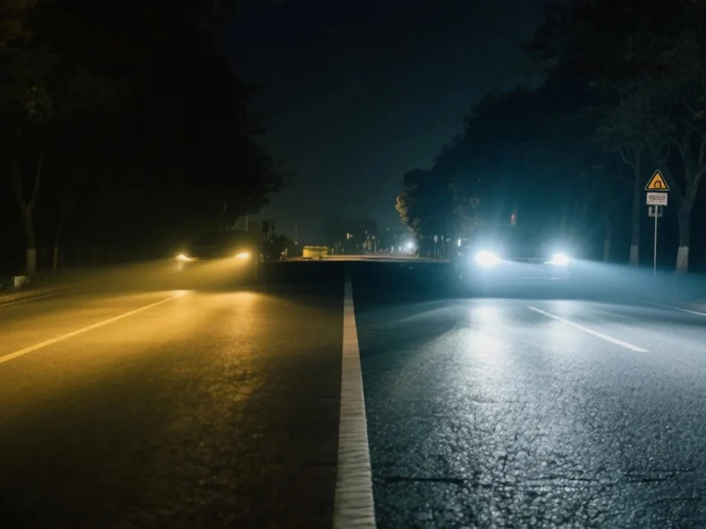 Comparación de faros proyectores en carretera que muestra el color del haz y la visibilidad de 4200K frente a 6000K