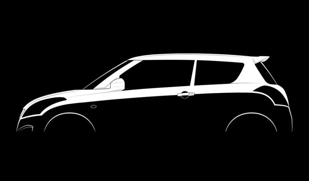 Black-and-white silhouette of a Suzuki Swift highlighting the front lighting area, used to explain what type of headlight does a Swift use.