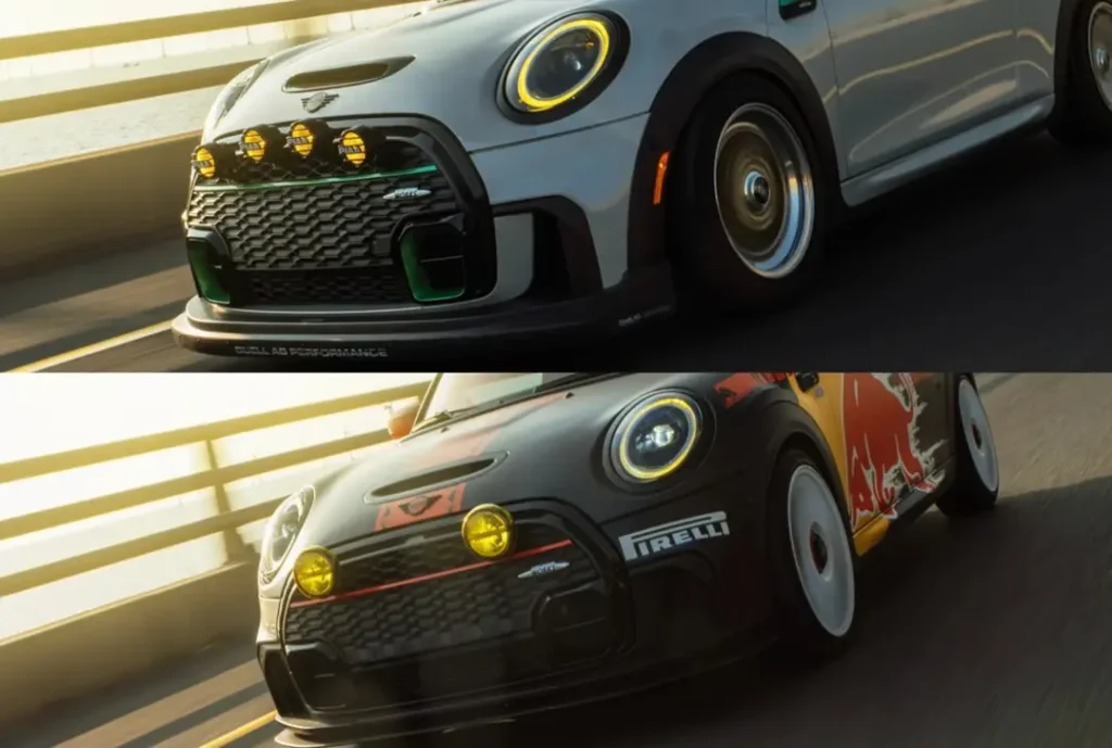 Two Mini cars with different grille lights and custom wraps, side by side